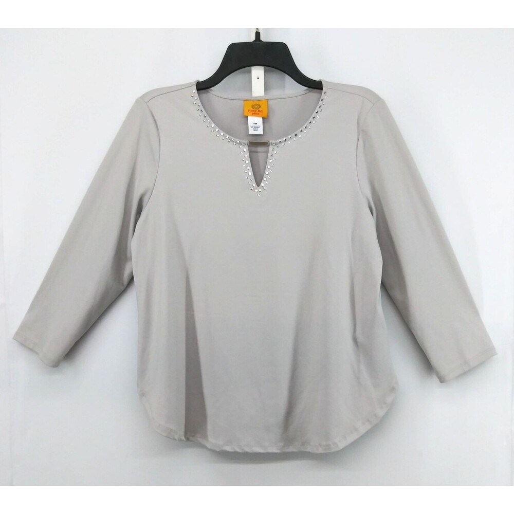 Ruby Rd Blouse Women Size PM Silver Beaded Keyhole Neck Casual Pullover Top